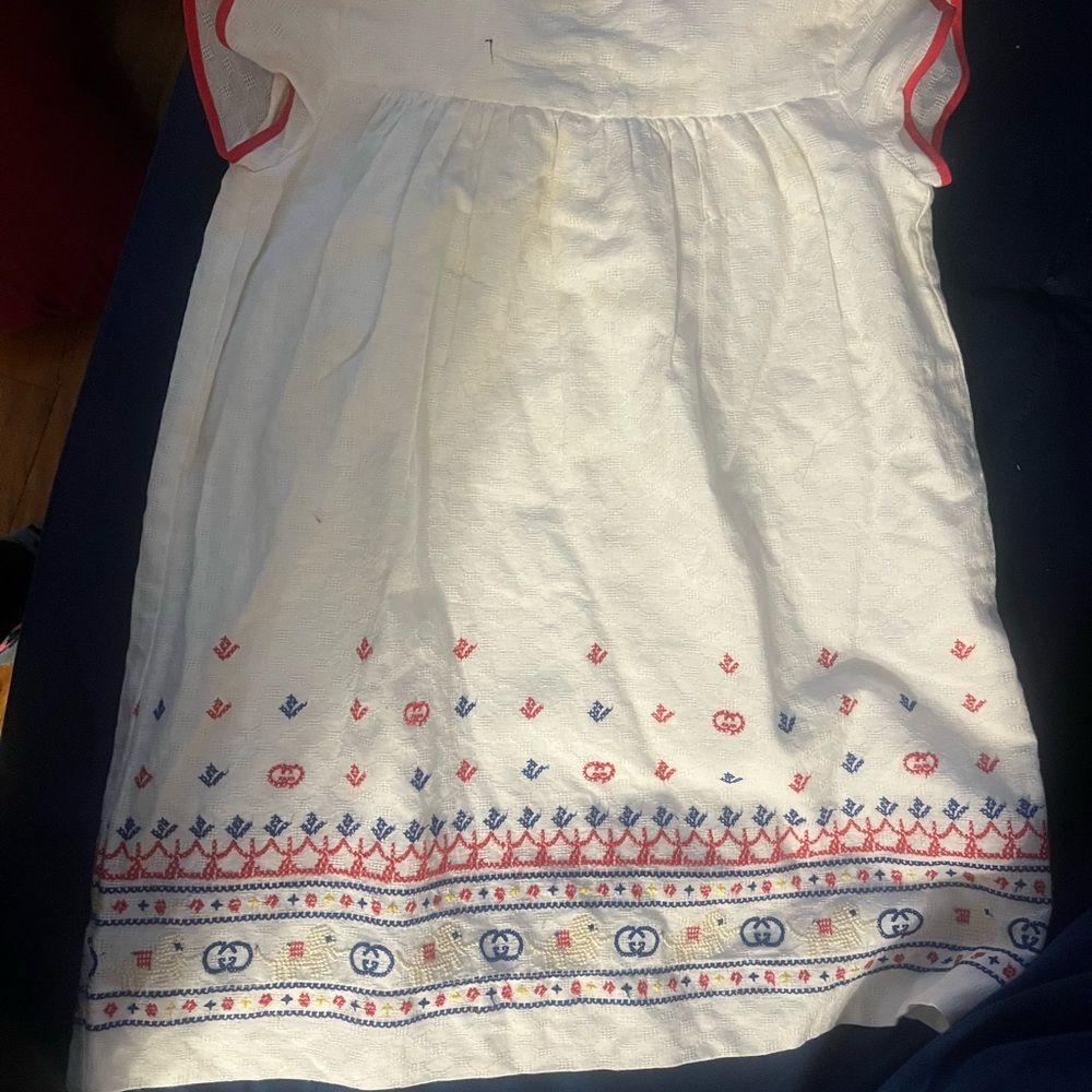 Gucci Kids White Dress with Red and Blue Embroidery